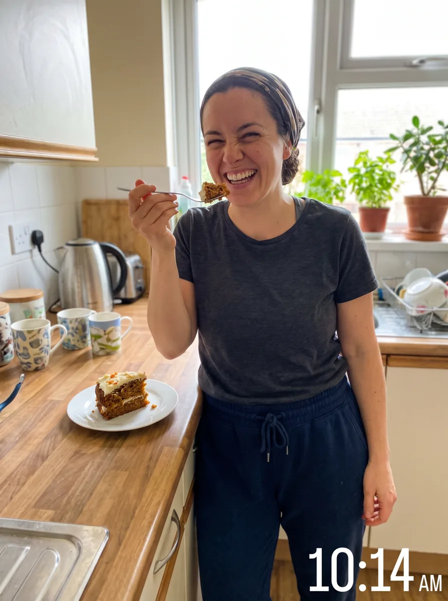 Vrouw geniet lachend van een stuk taart in de keuken