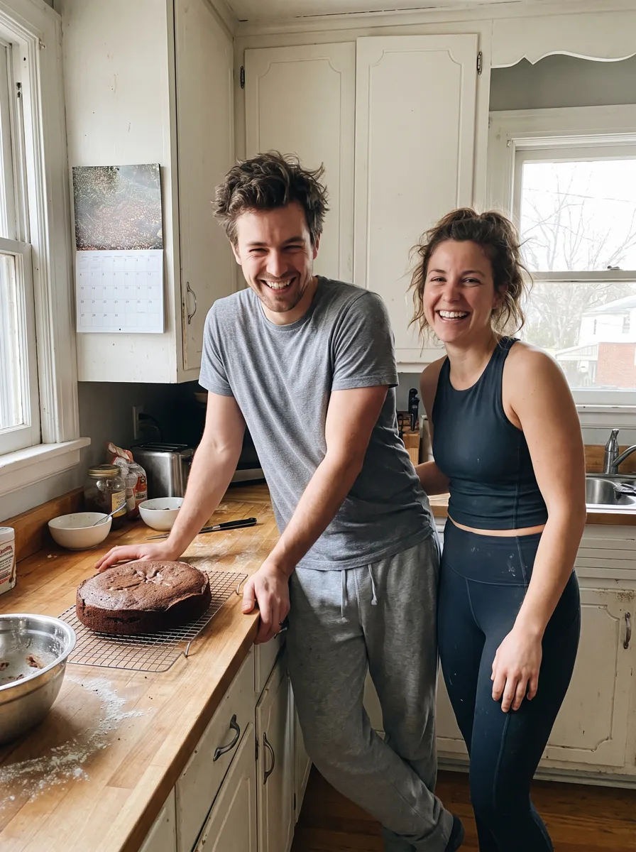 Twee vrienden trots naast hun zelfgebakken taart